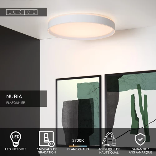 Lucide NURIA - Plafonnier - Ø 50 cm - LED 3 StepDim - 1x36W 2700K - Blanc - USP